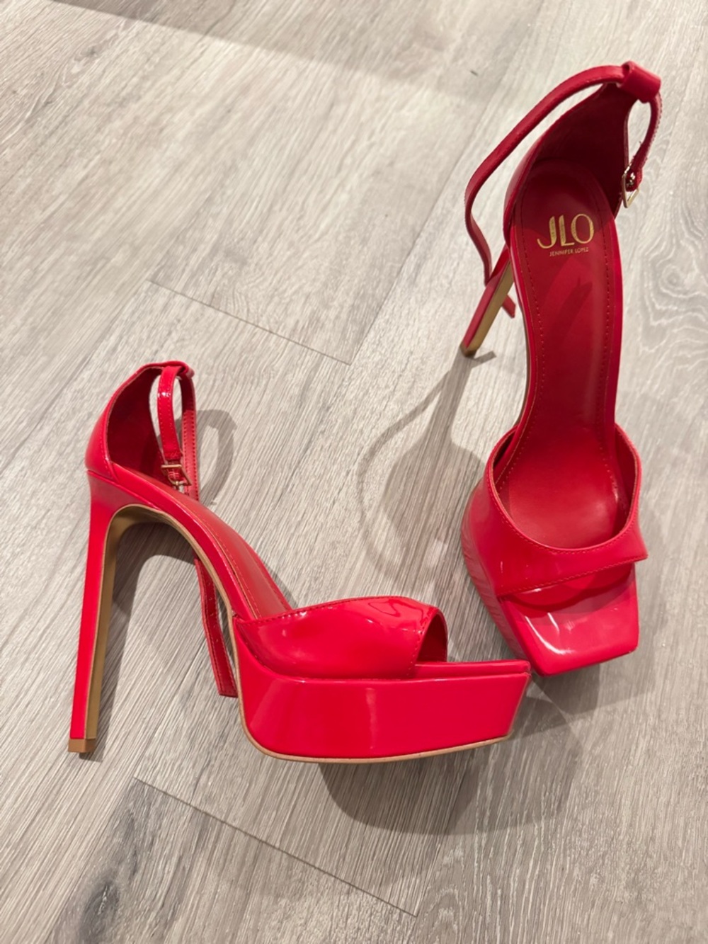 Red Patent High Heel Sandals with Ankle Tie platform - Picture 3 of 4